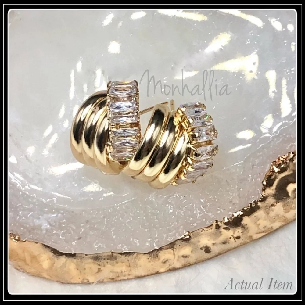 Clearance! NEW GOLD HALF CRESCENT SIMULATED DIAMOND BAGUETTE HUGGIE EARRINGS